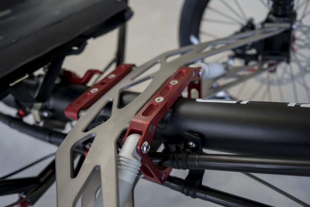 Closeup of titanium front suspension on Ti-FLY recumbent trike